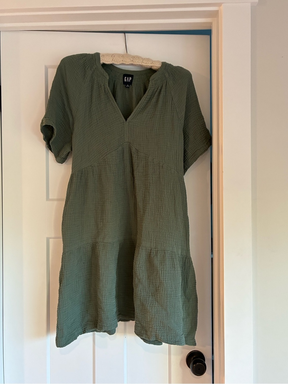 GAP Olive Green Short Sleeve Tiered mini Dress cotton texture pockets Autumn M